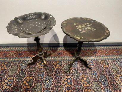 Two guéridons in boiled cardboard with mother-of-pearl...