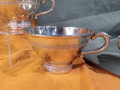 Suite of six bright pewter cider bowls, decorated...