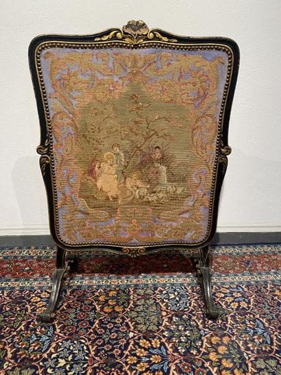 Fireplace screen in blackened wood with gold...