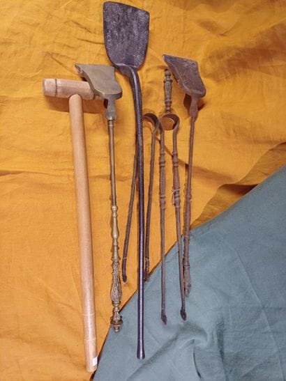Parts of fireplace sets including three shovels...