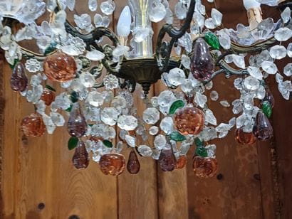 Brass, crystal and colored glass eight-arm...