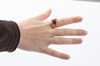 Yellow gold tank ring set with synthetic...