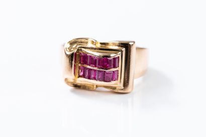 Yellow gold tank ring set with synthetic...