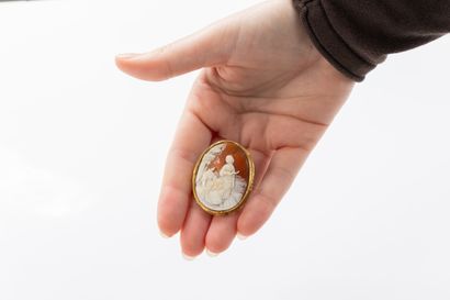 Yellow gold brooch centered on a shell cameo...