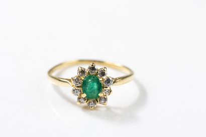 Yellow gold daisy ring centered on an emerald...