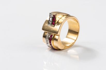 Yellow gold and platinum geometric tank ring...