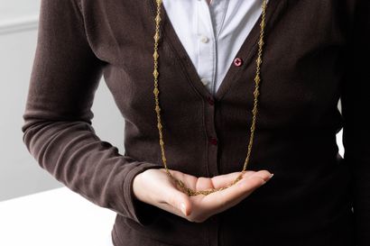 Gold long necklace with geometric decoration...