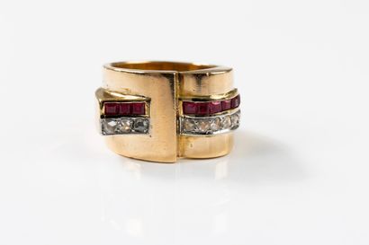 Yellow gold and platinum geometric tank ring...