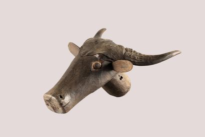 Buffalo head. Wood with black patina, trace...