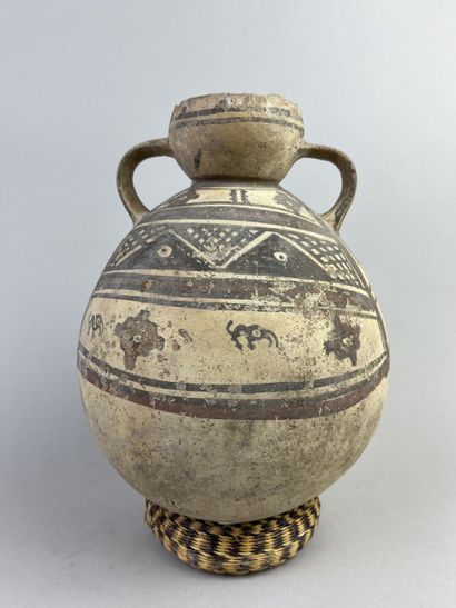 Two-handled ball vase with geometric and...