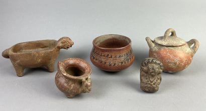 Lot of five objects: A tripod bowl with animal...