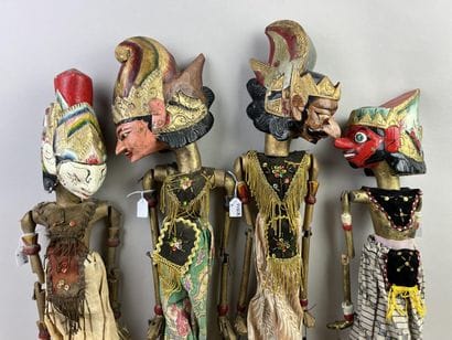 Four Wayang Golek rod puppets. The carved...