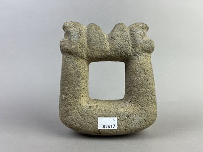 Metate pestle for grinding corn surmounted...