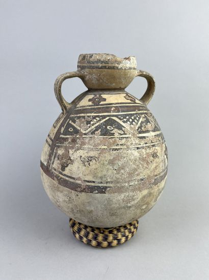 Two-handled ball vase with geometric and...