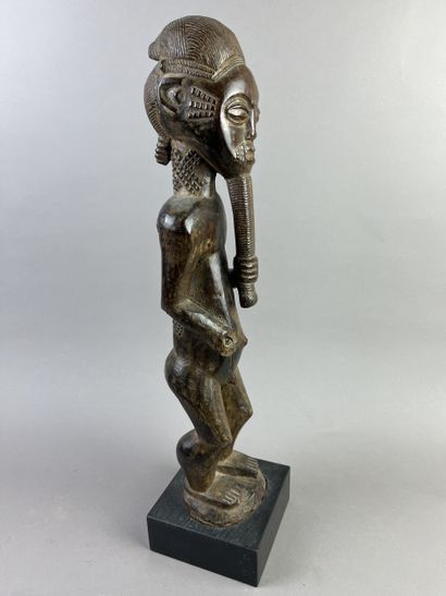 Male ancestor shown standing, holding a long...