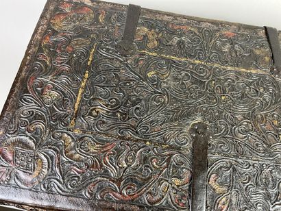 Wooden case covered with embossed, chased...