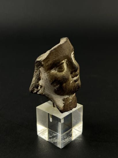 Head from a statuette. Terracotta, visible...