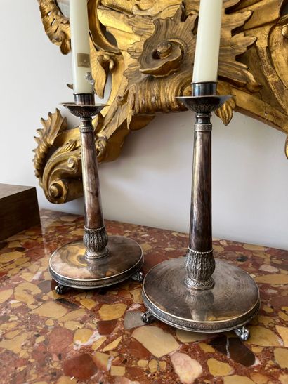 Pair of silver-plated candlesticks, molded...