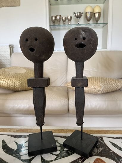 Two calabashes, fertility dolls, mounted...