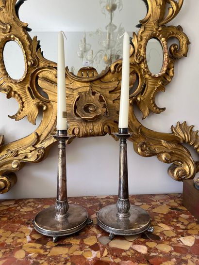 Pair of silver-plated candlesticks, molded...
