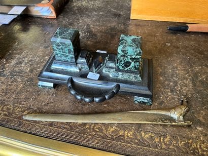 Black marble and sea green marble desk set,...