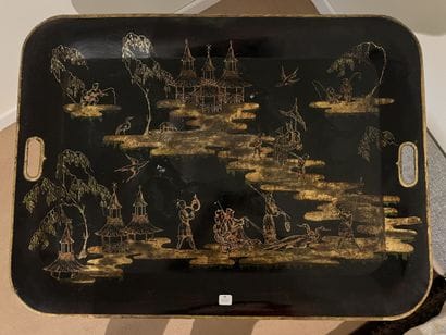 Tea table, black-lacquered metal top with...