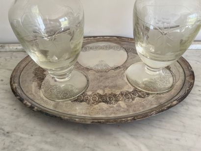 Two small glass decanters engraved with vine...