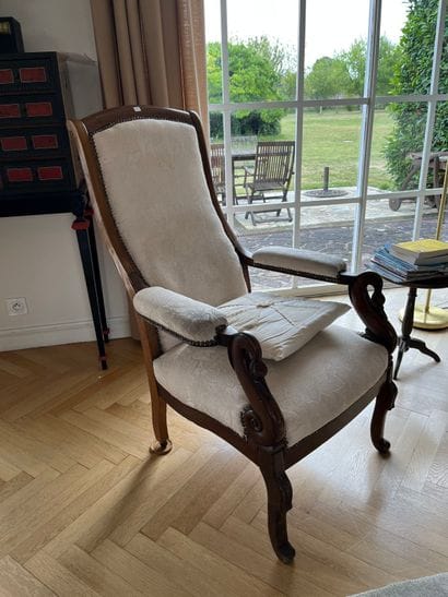 Large mahogany and holly armchair, slightly...