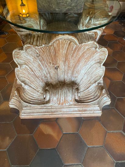 Carved pine table base with three shells...