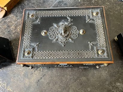 Ebony veneer and blackened wood case, brass...