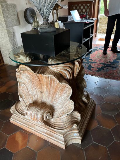 Carved pine table base with three shells...