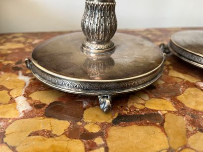 Pair of silver-plated candlesticks, molded...