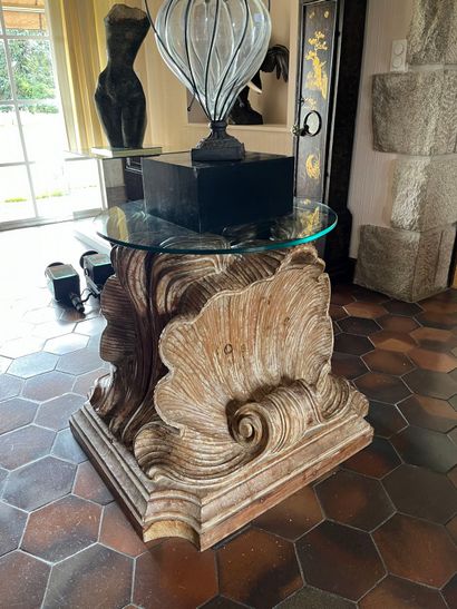 Carved pine table base with three shells...