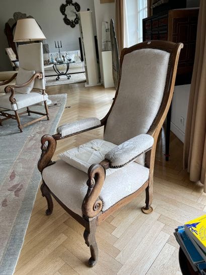 Large mahogany and holly armchair, slightly...