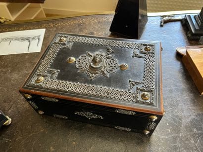 Ebony veneer and blackened wood case, brass...