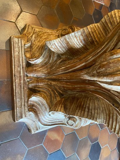 Carved pine table base with three shells...