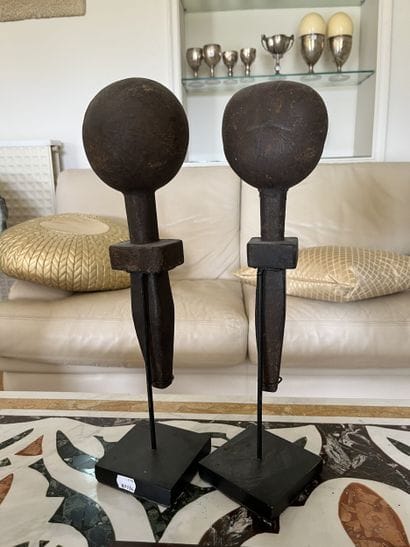 Two calabashes, fertility dolls, mounted...