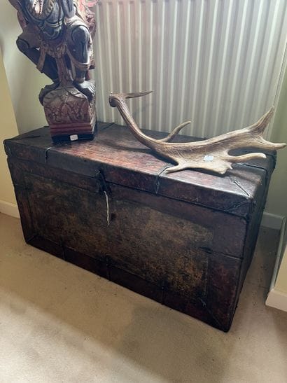 TIBET? 
Polychrome leather chest on wood...