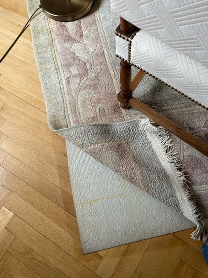 Nepalese wool velvet rug in pastel blue tones,...