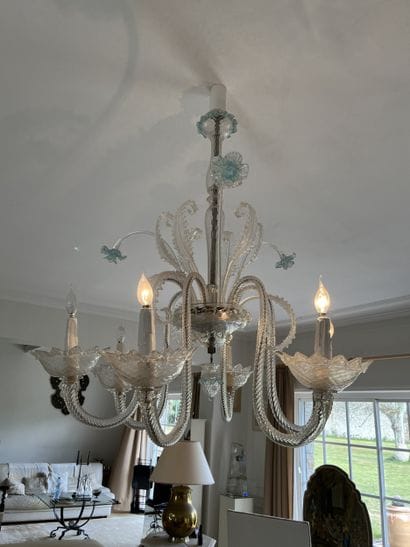 White and pale blue Venetian glass chandelier....
