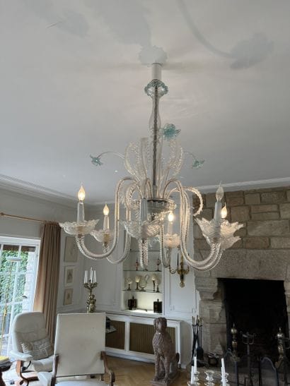 White and pale blue Venetian glass chandelier....