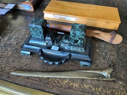 Black marble and sea green marble desk set,...