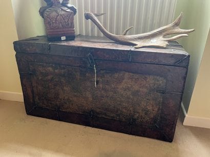 TIBET? 
Polychrome leather chest on wood...