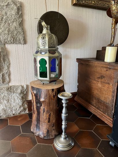 Lantern in metal pierced with tinted glass...