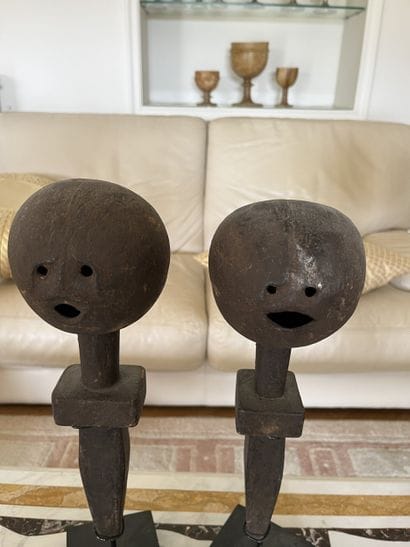 Two calabashes, fertility dolls, mounted...