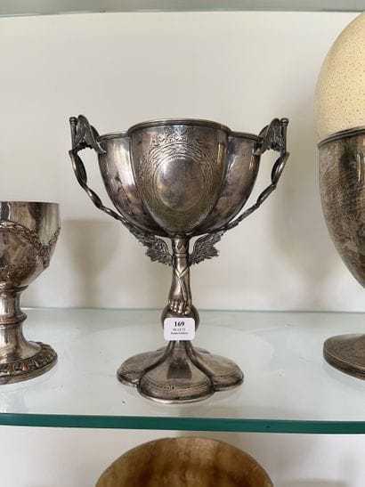 Four-lobed bowl in silver-plated metal, shaft...