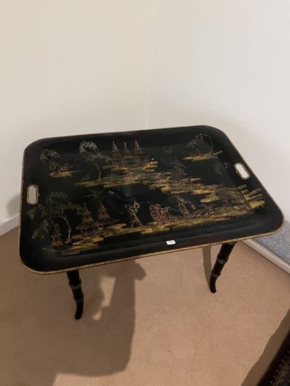 Tea table, black-lacquered metal top with...