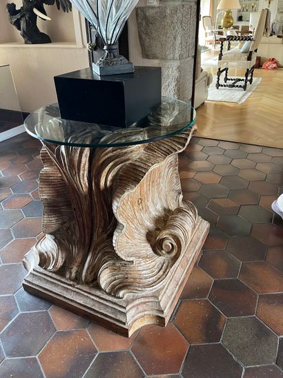 Carved pine table base with three shells...