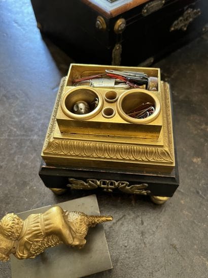 Small desk set in bronze and blackened wood:...