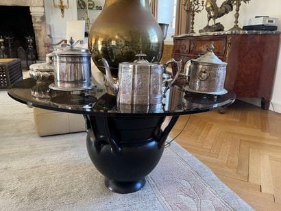 Beveled smoked glass pedestal table, amphora-shaped...